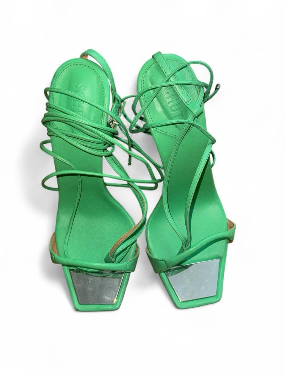 SCHUTZ Green Strappy Square-Toe Heels